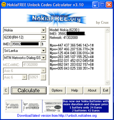 NokiaFREE unlock codes calculator screenshot