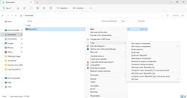 Captura de tela do explorador de arquivos do Windows 11 que destaca a integração do 7-Zip ao menu de contexto do sistema. A captura mostra todas as opões disponíveis do 7-Zip no menu de contexto do Windows.