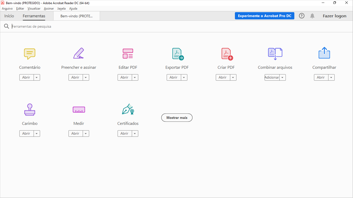 Adobe Acrobat Reader DC tela de opcoes