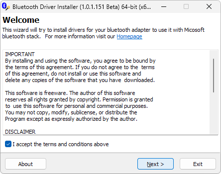 Bluetooth Driver Installer tela inicial do assistente