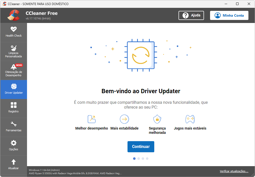 Captura da tela do CCleaner no menu "Driver Updater".