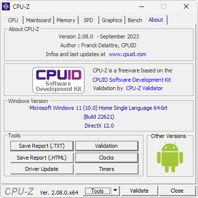 Captura de tela do CPU-Z mostrando sua aba "About" na qual ele lista algumas informações a respeito do programa bem como algumas opções extras, como de log, de relatórios, entre outras.