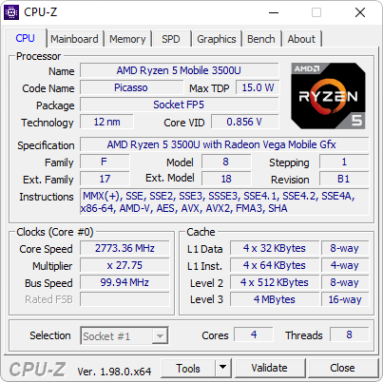 Captura de tela do CPU-Z mostrando sua aba principal 