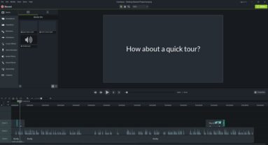 Captura de tela demonstrativa oficial do Camtasia destacando o convite que o programa faz inicialmente por um tour completo por suas funcionalidades.