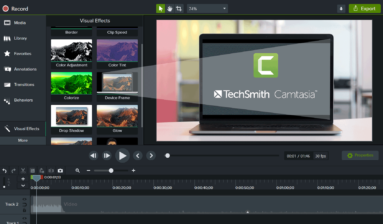Captura de tela demonstrativa oficial do Camtasia destacando efeitos visuais prontos que o programa traz para as edições.