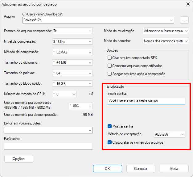 Captura de tela do 7-ZIP mostrando sua tela de opções para compressão com o especial destaque para as opções de "Encriptação".