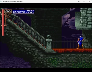 Castlevania: Symphony of the Night rodando no eSPXe. A tela mostra uma tela clássica e característica do início do jogo.