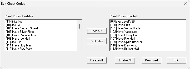 Esta é a tela de cheats do ePSXe na qual é possível adicionar cheats/códigos aos jogos para ter vantagens como vida infinita, entre outras.