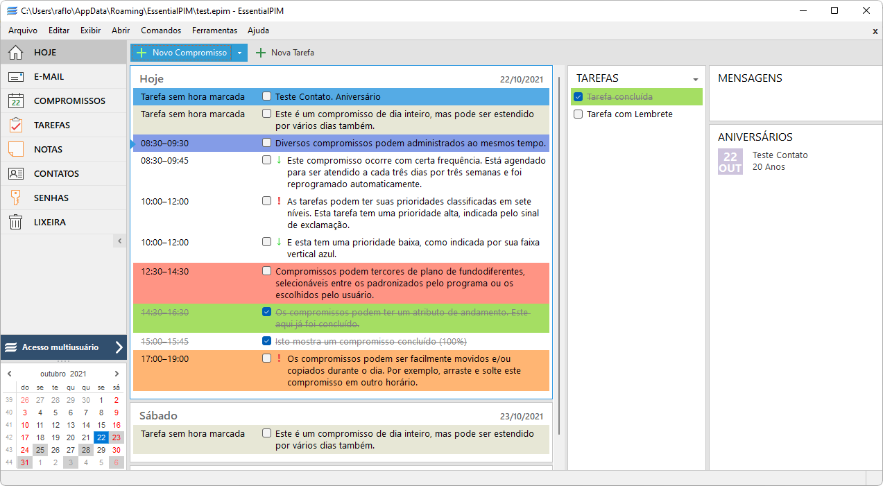 Captura de tela demonstrativa do Essentialpim mostrando sua tela principal em seu menu "HOJE".