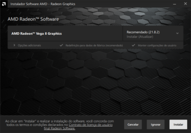 Captura de tela do assistente de instalação do Instalador de Software AMD mostrando a versão do driver AMD Radeon mais atualizado até o momento da imagem para instalação. A baixo há os botões 