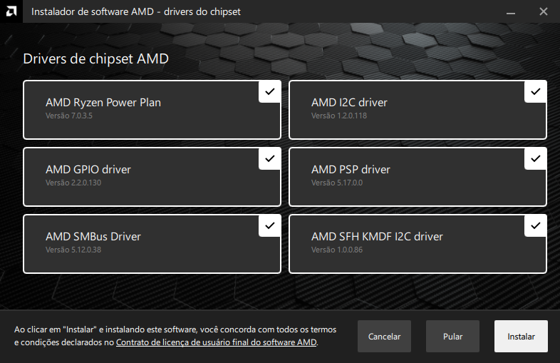 Captura de tela do assistente de instalação do Instalador de Software AMD mostrando a tela de seleção de drivers a serem instalados no sistema.