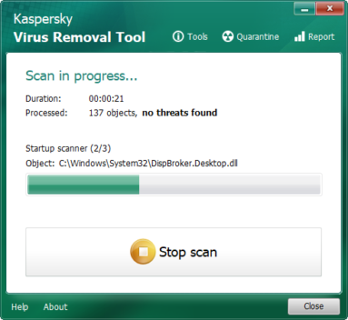 Captura de tela do Kaspersky Virus Removal Tool realizando uma varredura.
