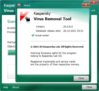 Captura de tela do Kaspersky Virus Removal Tool em sua tela 