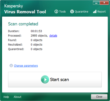 Captura de tela do Kaspersky Virus Removal Tool mostrando sua tela de escaneamento completado.