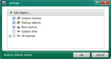Captura de tela do Kaspersky Virus Removal Tool mostrando as áreas a serem escaneadas do sistema.