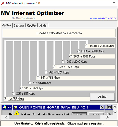 captura de tela do MV Internet Optimizer