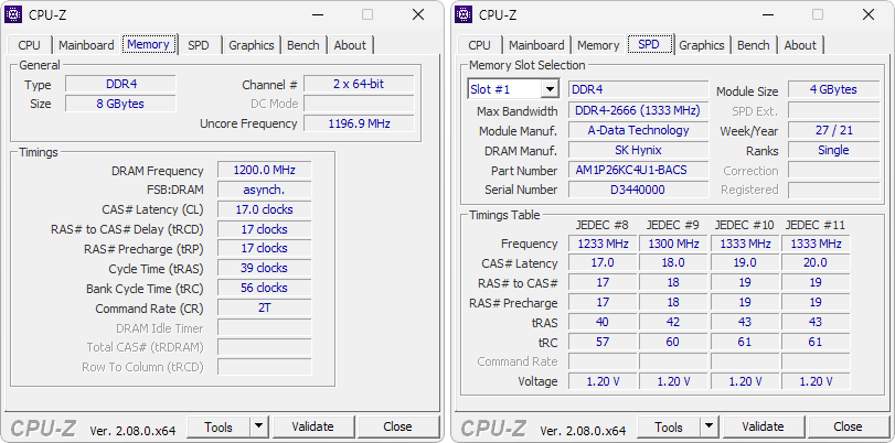 Imagem com 2 capturas de tela do CPU-Z lado a lado. À esquerda mostra a aba "Memory" e à direita a aba "SPD". Essa imagem foi criada para melhor adequação da postagem na qual ela é inserida.