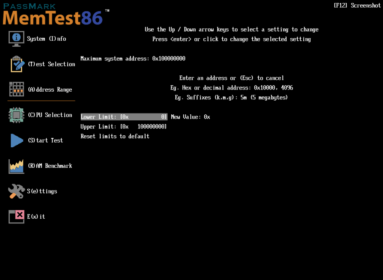 Captura de tela demonstrativa do menu de opções do Memtest86. O menu 