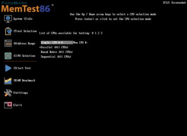 Captura de tela demonstrativa do menu de opções do Memtest86. O menu 
