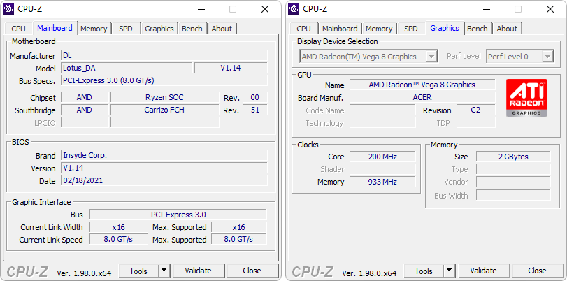Imagem com duas capturas de tela do CPU-Z, ele mostra a aba "Mainboard" à esquerda e a aba "Graphics" à direita.
