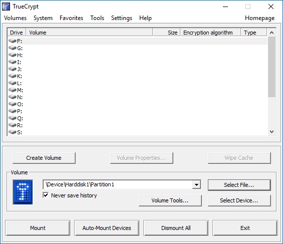 captura de tela do TrueCrypt