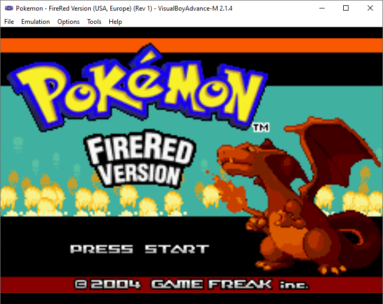 Captura de tela demonstrativa do Visual Boy Advance rodando o jogo Pokémon FireRed. O jogo está sendo mostrado em seu menu inicial, na tela de 