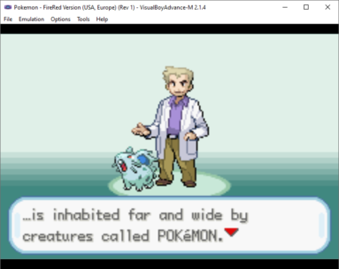 Captura de tela demonstrativa do Visual Boy Advance rodando o jogo Pokémon FireRed. O jogo está sendo mostrado no seu início com o professor carvalho falando com legendas em inglês.