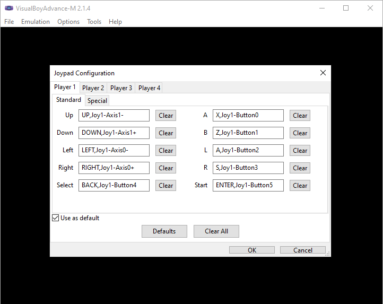 Captura de tela demonstrativa do Visual Boy Advance mostrando suas opções de configuração de gamepad/controles.
