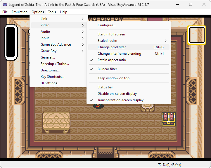 Captura de tela demonstrativa do Visual Boy Advance mostrando seu menu "Options". Dentro do menu "Options", está aberto o submenu "Video" e há o destaque para a opção "Change pixel filter" que permite colocar filtros visuais no jogo.