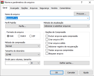 Captura de tela do WinRAR que mostra sua tela de opções e parâmetros para comprimir um arquivo. Ela destaca sua aba 