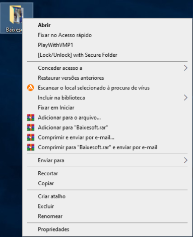 Captura de tela que demonstra a integração do WinRAR ao menu de contexto do Windows. Nesse caso ele mostra as opções ao se clicar com o botão direito do mouse sobre um arquivo não compactado, exibindo informações como 