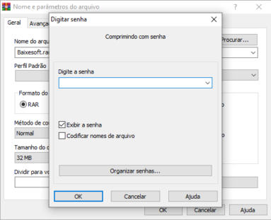 Captura de tela que destaca a opção de adicionar senha do WinRAR. No caso é uma caixa de diálogo que surge para o usuário digitar a senha do arquivo a ser comprimido pelo WinRAR.
