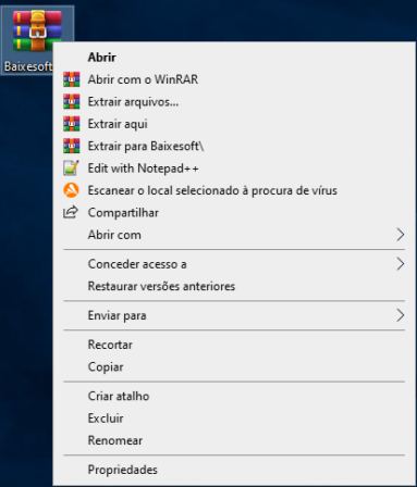 Captura de tela que demonstra a integração do WinRAR ao menu de contexto do Windows. Nesse caso ele mostra as opções ao se clicar com o botão direito do mouse sobre um arquivo compactado, exibindo informações como 
