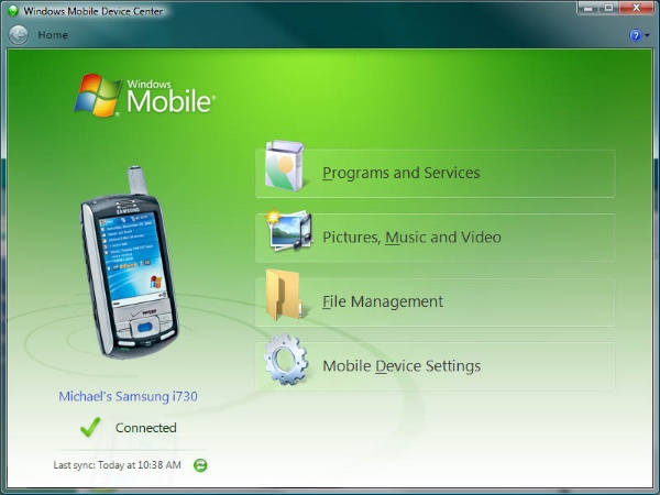 captura de tela do Windows Mobile Device Center
