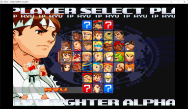 O street figther alpha 3 rodando no ePSXe. A tela mostra o menu de seleção de personagens do jogo.