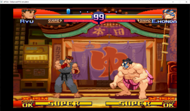 O street figther alpha 3 rodando no ePSXe. A tela mostra um exemplo de efetiva jogabilidade do personagem Ryu contra E.Honda.