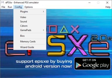 Tela inicial do ePSXe com o menu 