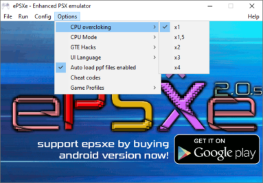 Tela inicial do ePSXe com o menu 