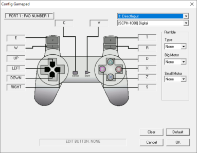 Captura de tela que mostra o menu de configuração de controles do ePSXe. Ela demonstra visualmente um controle a ser configurado.