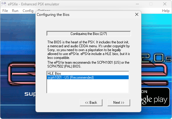 Captura de tela que mostra o assistente inicial de configuração do emulador. O assistente esta na segunda etapa na qual o usuário deve selecionar a BIOS do emulador para sua posterior execução plena.