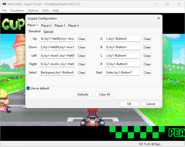 Captura de tela demonstrativa do Visual Boy Advance mostrando suas opções de configuração de gamepad/controles. Há também um jogo sendo mostrado no fundo que é o Mario Kart Super Circuit.