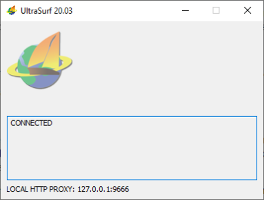 Captura de tela demonstrativa do UltraSurf. Ela mostra o programa aberto com o status conectado.