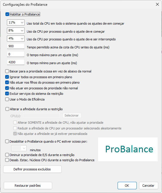 Captura de tela das opções disponíveis em configurações do modo ProBalance do process lasso, onde é possível configurá-lo.