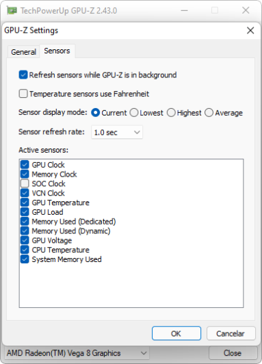 Captura de tela do GPU-Z mostrando seu menu de configurações em sua aba 