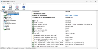 Captura da tela inicial do HWiNFO mostrando a tela de informações para o processador.