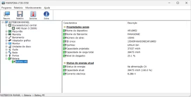 Captura da tela inicial do HWiNFO mostrando a tela de informações para a bateria de um notebook, mostra inclusive o desgaste.