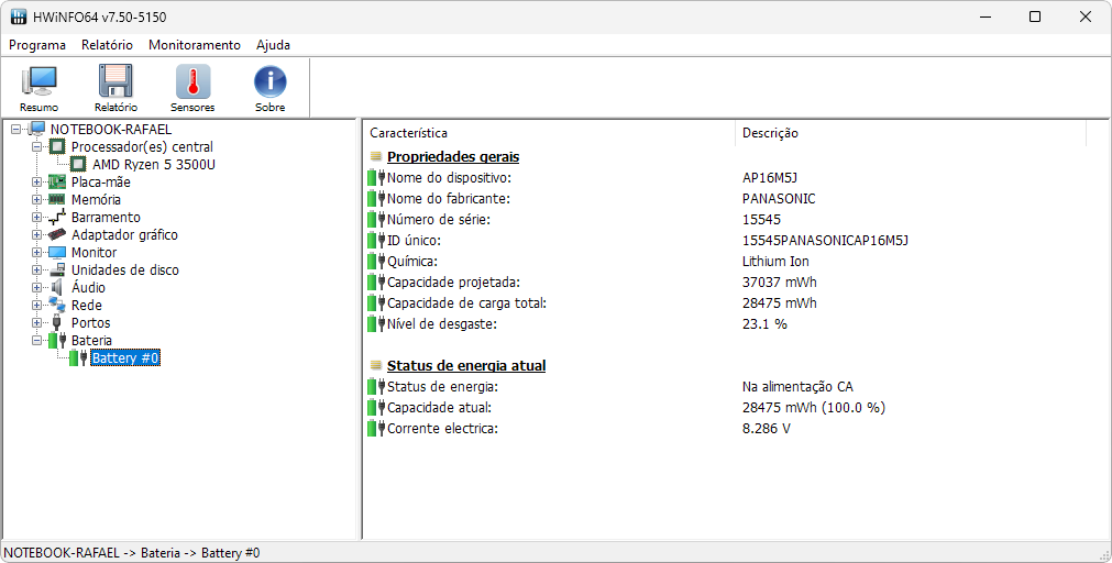 Captura da tela inicial do HWiNFO mostrando a tela de informações para a bateria de um notebook, mostra inclusive o desgaste.