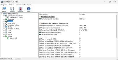 Captura da tela inicial do HWiNFO mostrando a tela de informações para o a memória RAM.