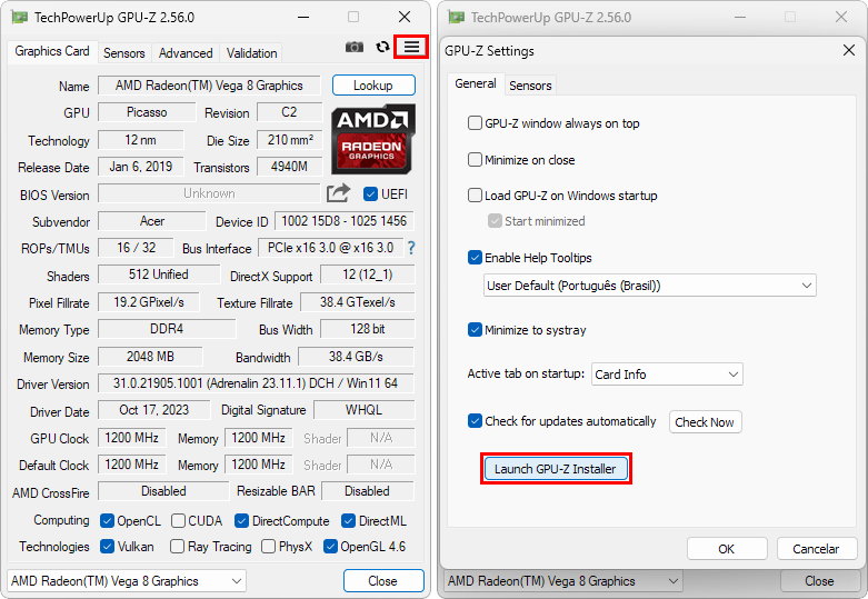 Captura de tela que demonstra o acesso à opção "Launch GPU-Z Installer" para a instalação do GPU-Z no PC.