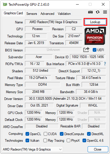 Captura de tela do GPU-Z mostrando sua aba "Graphics Card" com destaque para o botão "Lookup" no qual é possível comparar a placa de vídeo com demais registradas no banco de dados do desenvolvedor.